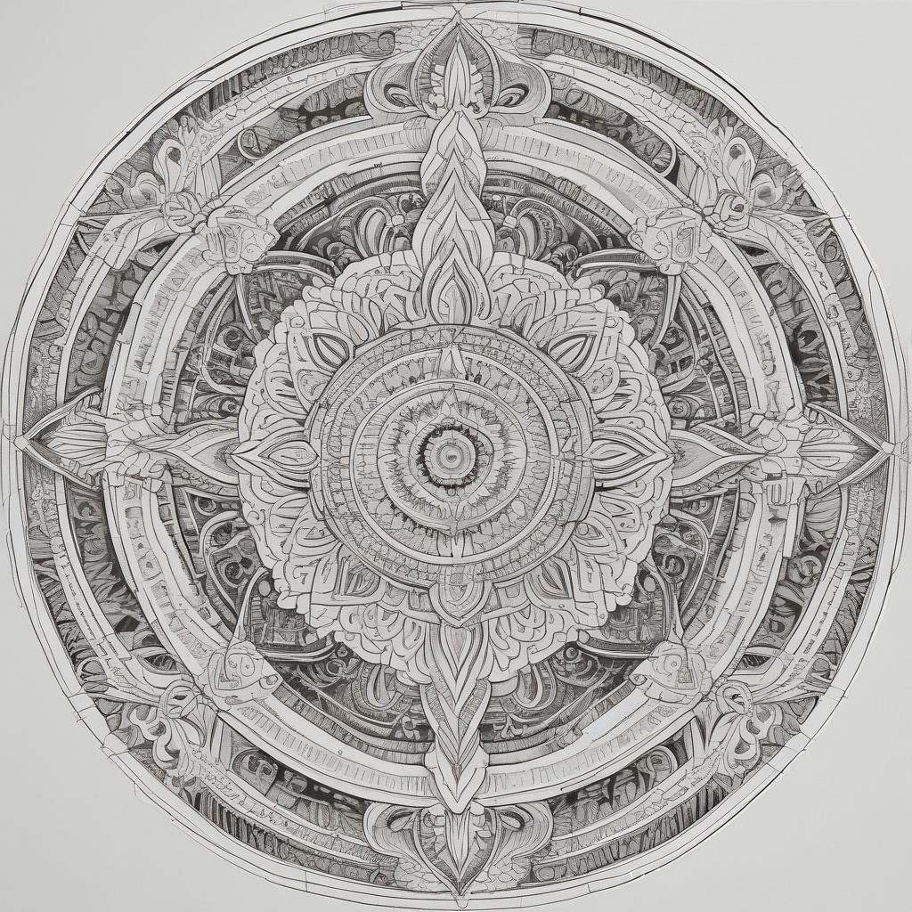 Black and white ink drawing by Ayuno depicting an intricate mandala design