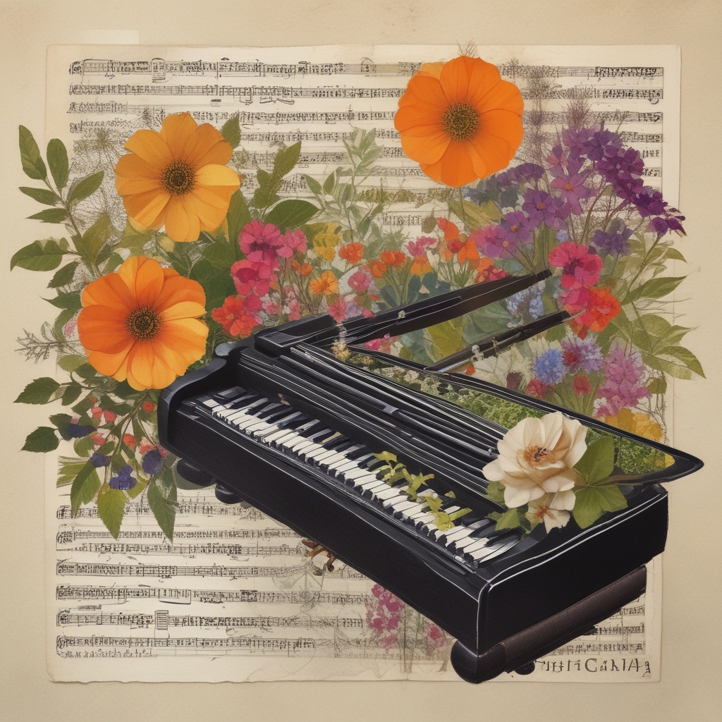 Mixed media collage by Ayuno incorporating sheet music and pressed flowers